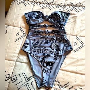 Aerie One Piece Cut Out Swimsuit, Gray with Black Palm Tree Detail, Size M